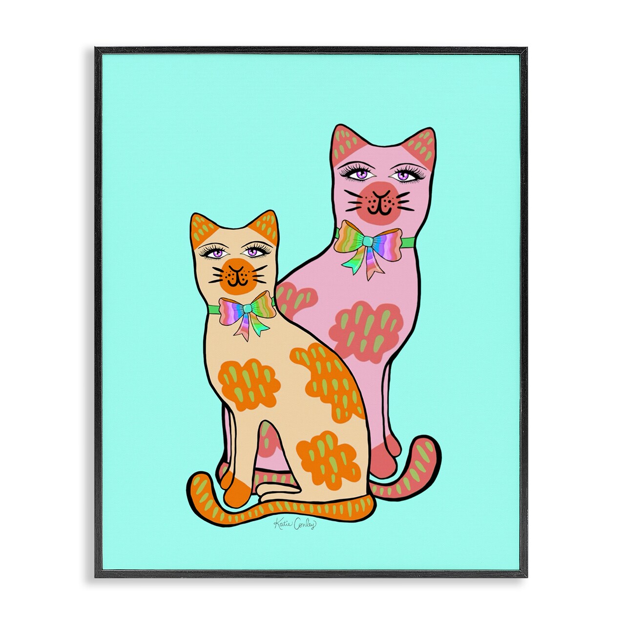 Stupell Industries Funky Cats on Turquoise Framed Giclee Design by Katie Conley